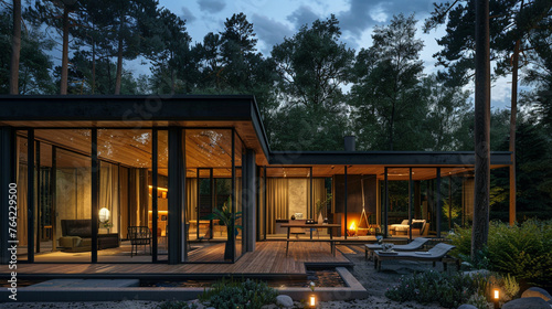 Stylish forest villa designed for luxury glamping, complemented by contemporary glass cottage in the tranquil night. --ar 16:9 --v 6.0 - Image #4 @Zubi