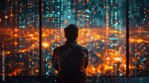 Man Observing Cityscape Through Window