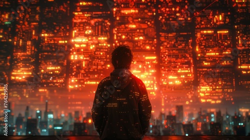 Man Standing in Front of City at Night