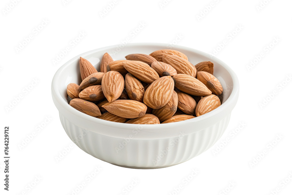 Dry roasted Almonds in white bowl isolated on transparent background Dry roasted Almonds in white bowl isolated on transparent background