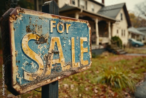 Blue For Sale Sign in Front of House