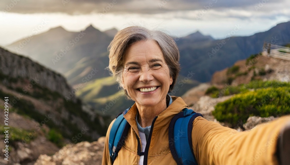 Cheerful senior woman taking selfie shot while hiking in the mountains