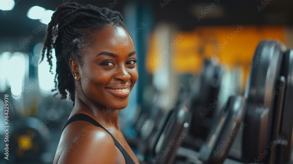 A fitness trainer with a charming smile stands confidently in a gym environment. 