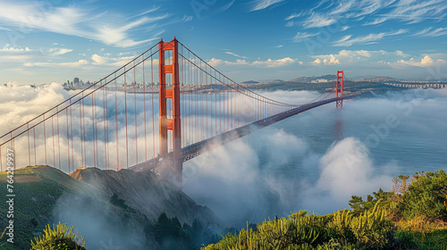 Iconic Golden Gate Bridge shrouded in fog with a view of San Francisco skyline photo