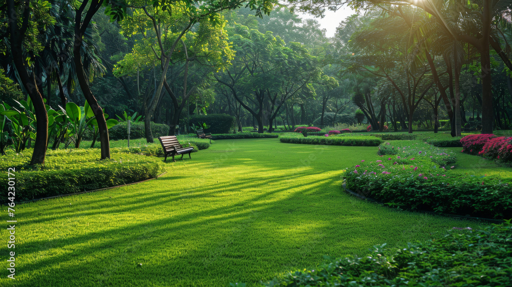 Tranquil urban park featuring a wooden bench, manicured shrubbery, and vibrant flower beds bathed in soft sunlight.