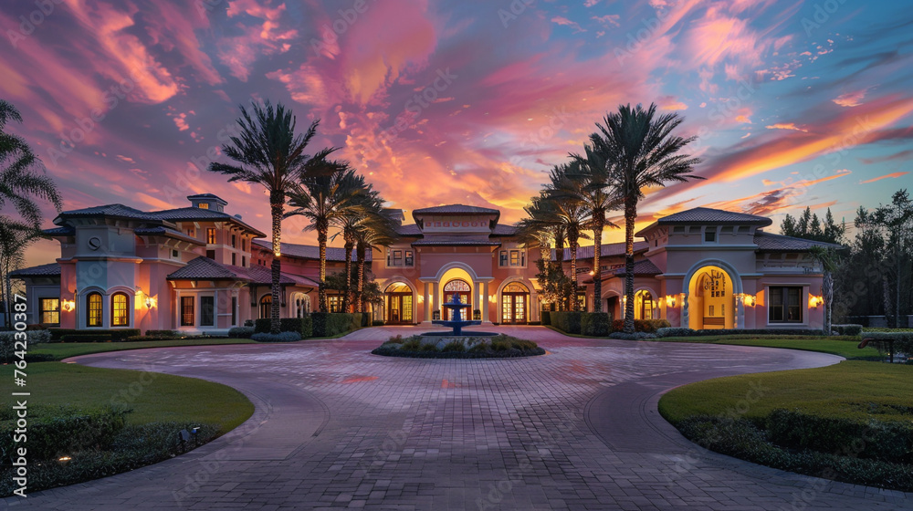 The allure of a luxury home unfolds as the sun sets, casting a mesmerizing palette of colors over its grand architecture. The allure of a luxury home unfolds as the sun sets, casting a mesmerizing palette of colors over its grand architecture.