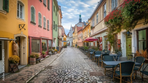 Quaint European street with colorful facades and cobblestones. A picturesque cobblestone street lined with colorful buildings and outdoor cafes in a quaint European town. Resplendent. © Summit Art Creations