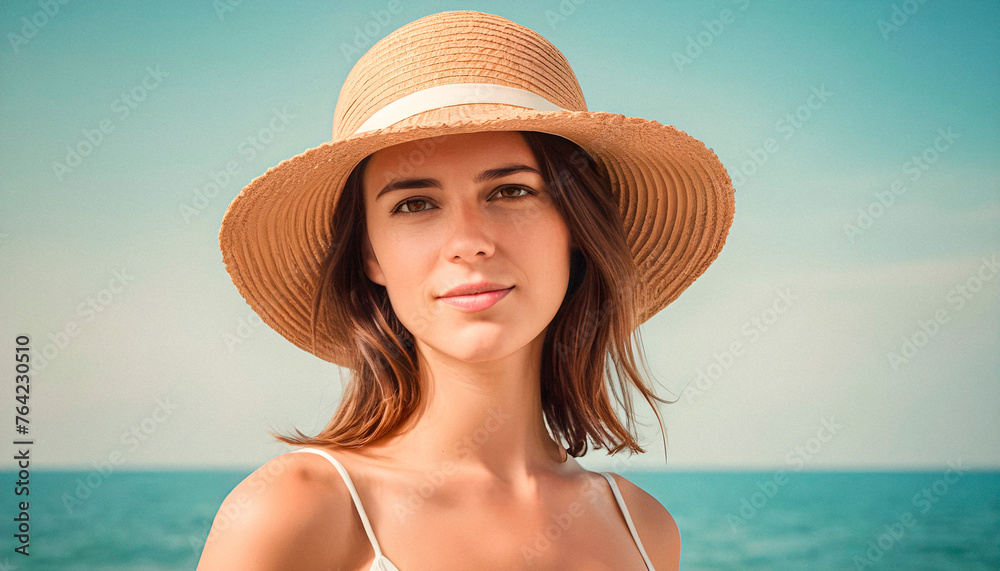 european tourist confidently wearing summer hat by the sea, conceptual photo, professional photography