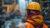 A focused construction worker wearing a yellow helmet and rain gear during a downpour at a busy industrial site.