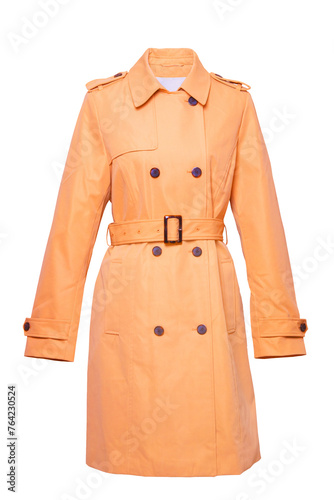Woman coat isolated. A luxurious and stylish elegant female orange yellow trenchcoat on mannequin isolated on a white background. Trench coat for spring and summer fashion.