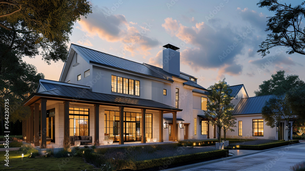 The modern farmhouse luxury home exterior comes alive at twilight, offering a glimpse of refined living amidst nature's beauty. --ar 16:9 --v 6.0 - Image #4 @Zubi The modern farmhouse luxury home exterior comes alive at twilight, offering a glimpse of refined living amidst nature's beauty. --ar 16:9 --v 6.0 - Image #4 @Zubi