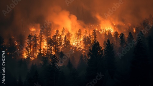 Intense Forest Wildfire at Night photo