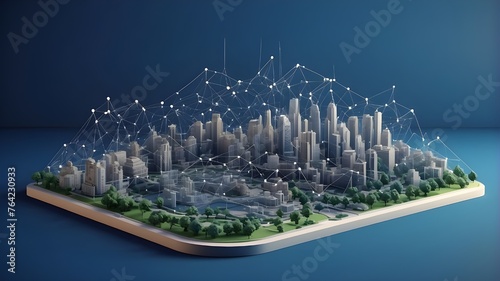 Wi-Fi network or smart city. Low-poly wireframe. constructing automation using an example of a computer board. alone against a deep blue backdrop. points and lines of Plexus. Network or smart city tha