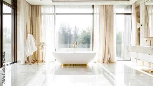 A luxurious white bathtub in a bright bathroom with a serene forest view through large windows. Copy space 