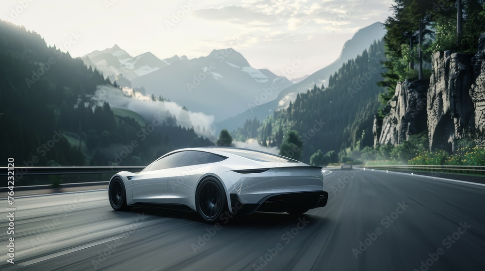 Naklejka premium White Sports Car Driving Down a Mountain Road