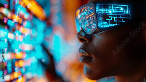 Person using augmented reality glasses on high-tech interface