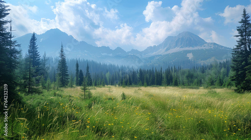 Serene mountain landscape with lush forests and wildflowers
