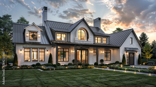 Twilight transforms the modern farmhouse luxury home exterior into a vision of elegance and serenity, a perfect retreat at day's end. --ar 16:9 --v 6.0 - Image #4 @Zubi