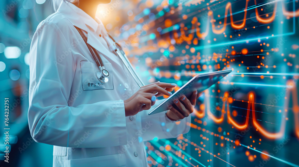 Doctor reviewing digital health data with futuristic medical technology and stethoscope