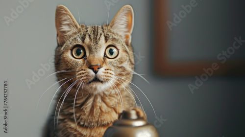 A cat pet acting like master, ringing a bell for attention, ordering for food and services.