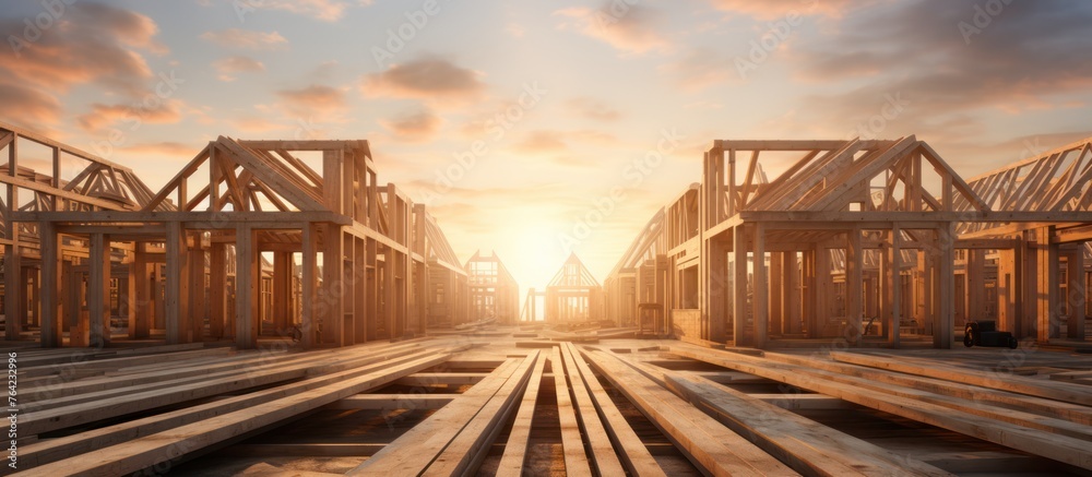 Wooden frame structure at construction site. New houses are built on empty land. Real estate development