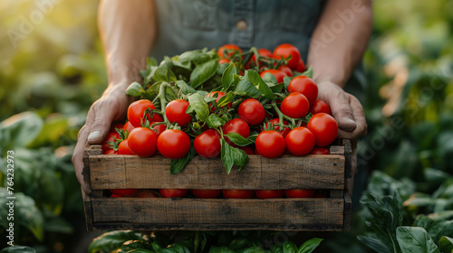  Hands holding wooden box with harvest vegetables . © Janis Smits