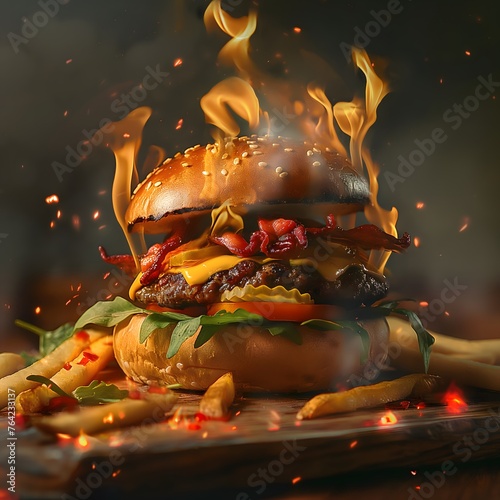 Hot Delicious burger, patty burger, beef burger, chicken burger, A juicy cheeseburger on fire and full of taste and spice, flames of hot tasty burger