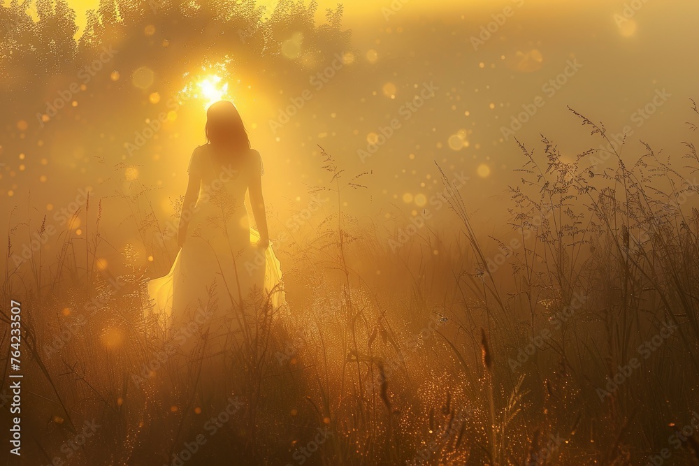 Geheimnisvolle Frau im langen weißen Kleid in goldener Morgensonne, atmosphärisch - obrazy, fototapety, plakaty 