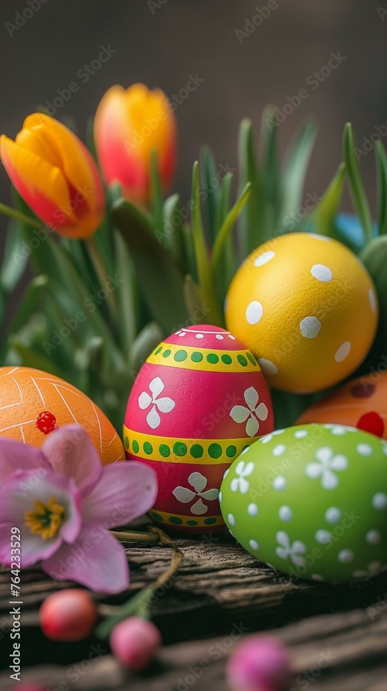 Vibrant Easter Egg Decoration with Fresh Spring Tulips on Rustic Wood