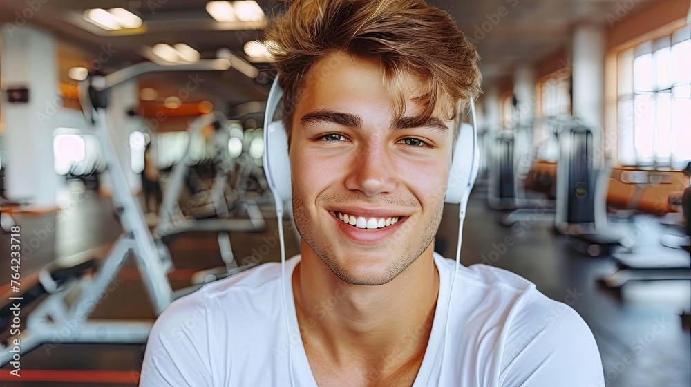 Obraz premium Young man with headphones in a gym smiling at the camera.