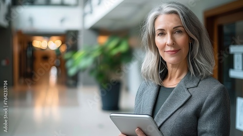 Professional mature woman with tablet in a modern setting.