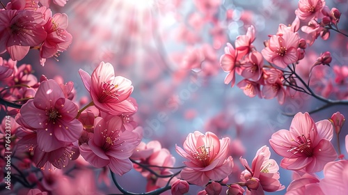 Panoramic view captures a canopy of pink cherry blossoms in a springtime landscape, evoking a sens