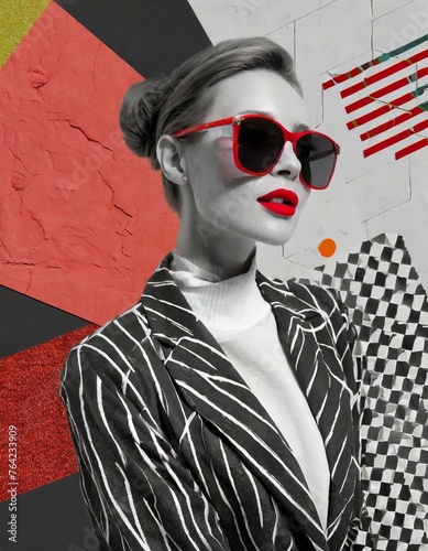 abstract and colourful visual elements, red lipstick, fashion manifesto and rock beauty. Black and white woman posing with sunglasses  © Marko