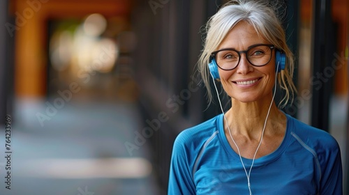 Smiling mature woman with earphones enjoys music outdoors. photo