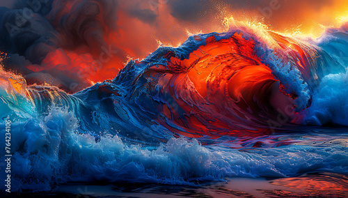 Ocean waves meeting volcanic power, a dynamic interaction of water and fire on a tropical coast photo