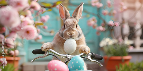 a rabbit on a bicycle with a basket of easter eggs Hoppy Easter Wonders.
 photo