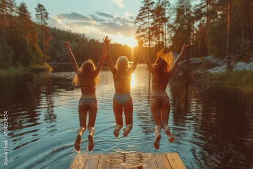 Three friends jump together in bikinis in a lake on a summer day at sunset.