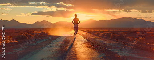 A runner Silhouette wearing sportswear on empty road at sunset and beautifull landscape mountains hills #764234771
