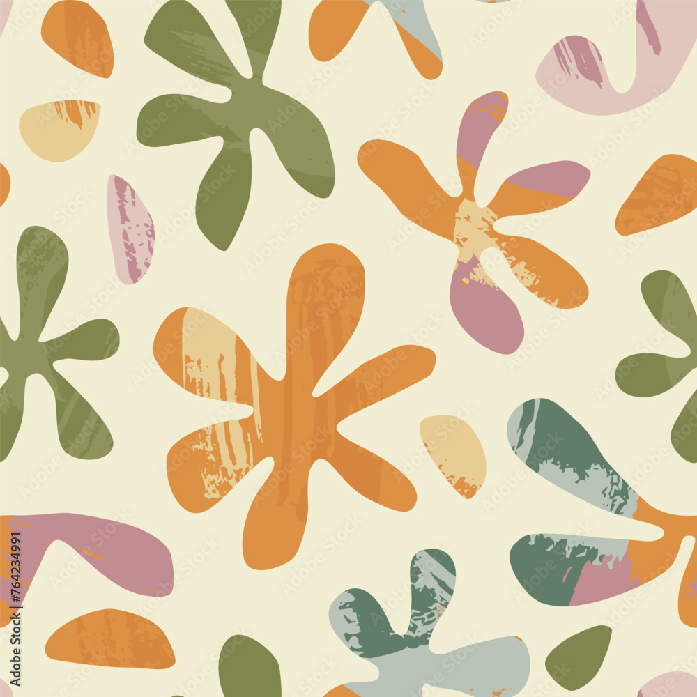 Abstract flower art seamless pattern illustration. Organic nature floral background in vintage style. Spring season decoration texture, drawing print. - obrazy, fototapety, plakaty 