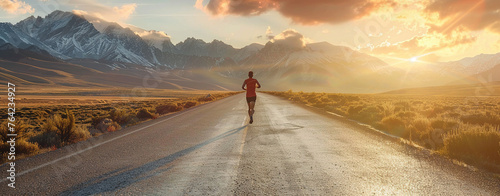 A runner Silhouette wearing sportswear on empty road at sunset and beautifull landscape mountains hills photo