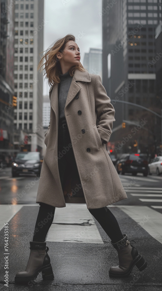 Fototapeta premium Elegant Woman Striding, Urban City Street, Stylish Trench Coat