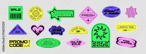 Trendy sale sticker set. Retro Y2K business discount text quote label collection. Colorful tag with love heart, web promotion message. Online offer bundle.	