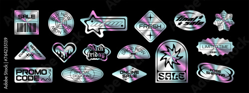Trendy holographic sale sticker set. Retro Y2K business discount text quote label collection. Iridescent metallic texture tag with love heart, web promotion message. Futuristic online offer bundle.	