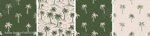 Hand drawn palm tree seamless pattern illustration set. Hawaiian print collection, summer vacation background in vintage art style. Tropical plant painting wallpaper texture.