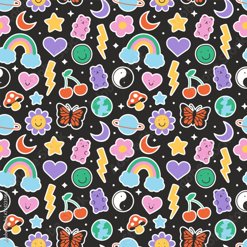 Fun retro cartoon sticker seamless pattern. Trendy 90s doodle icon background with flower, happy face and butterfly. Colorful vintage groovy art label wallpaper, cool emoticon symbol print. 