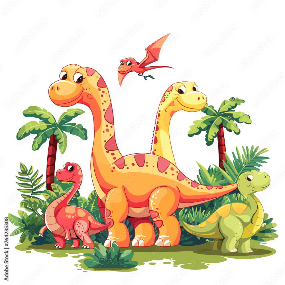 Obraz premium Cartoon dinosaurs in the jungle. Vector illustration isolated on white background.