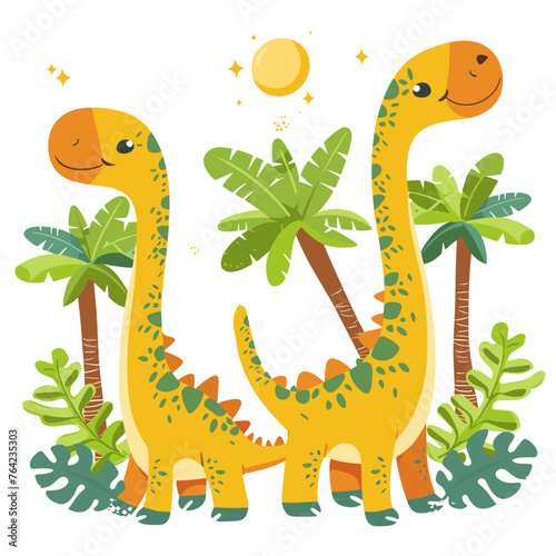 Cute dinosaurs with palm trees and sun. Vector cartoon illustration.