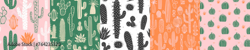 Hand drawn cactus plant doodle seamless pattern set. Vintage style cartoon cacti houseplant background. Nature desert flora texture, garden print. Natural interior graphic decoration wallpaper.