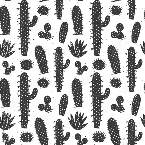Hand drawn cactus plant doodle seamless pattern. Black and white cacti houseplant background. Nature desert flora texture, mexican garden print. Natural interior graphic decoration wallpaper.