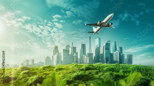 Airplane Flying Over Lush Green City